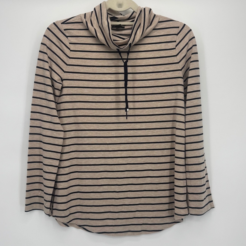 Ann Taylor Striped Cowl‎ Neck Drawstring Top Beige Black Long Sleeve XXS 491410